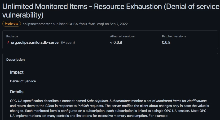 Denial of service vulnerability in Eclipse Milo