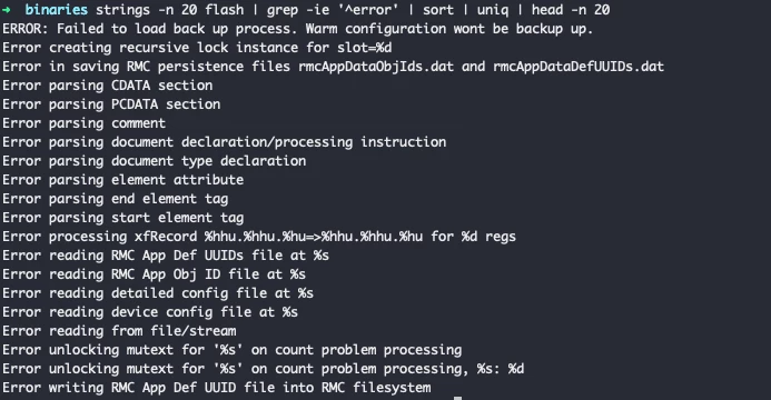 Claroty Team82: A sample of error strings found within TotalFlow binaries.