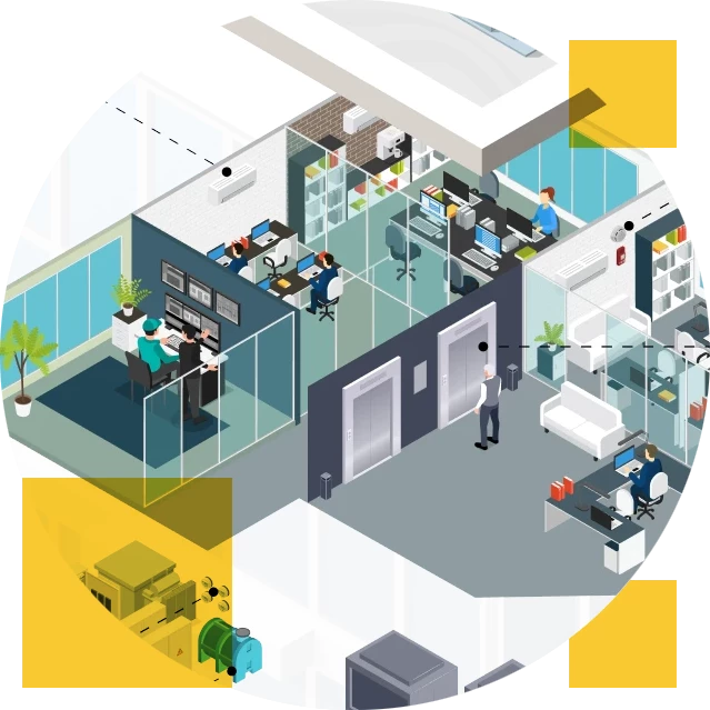 An illustrated diagram showing workers in an office.