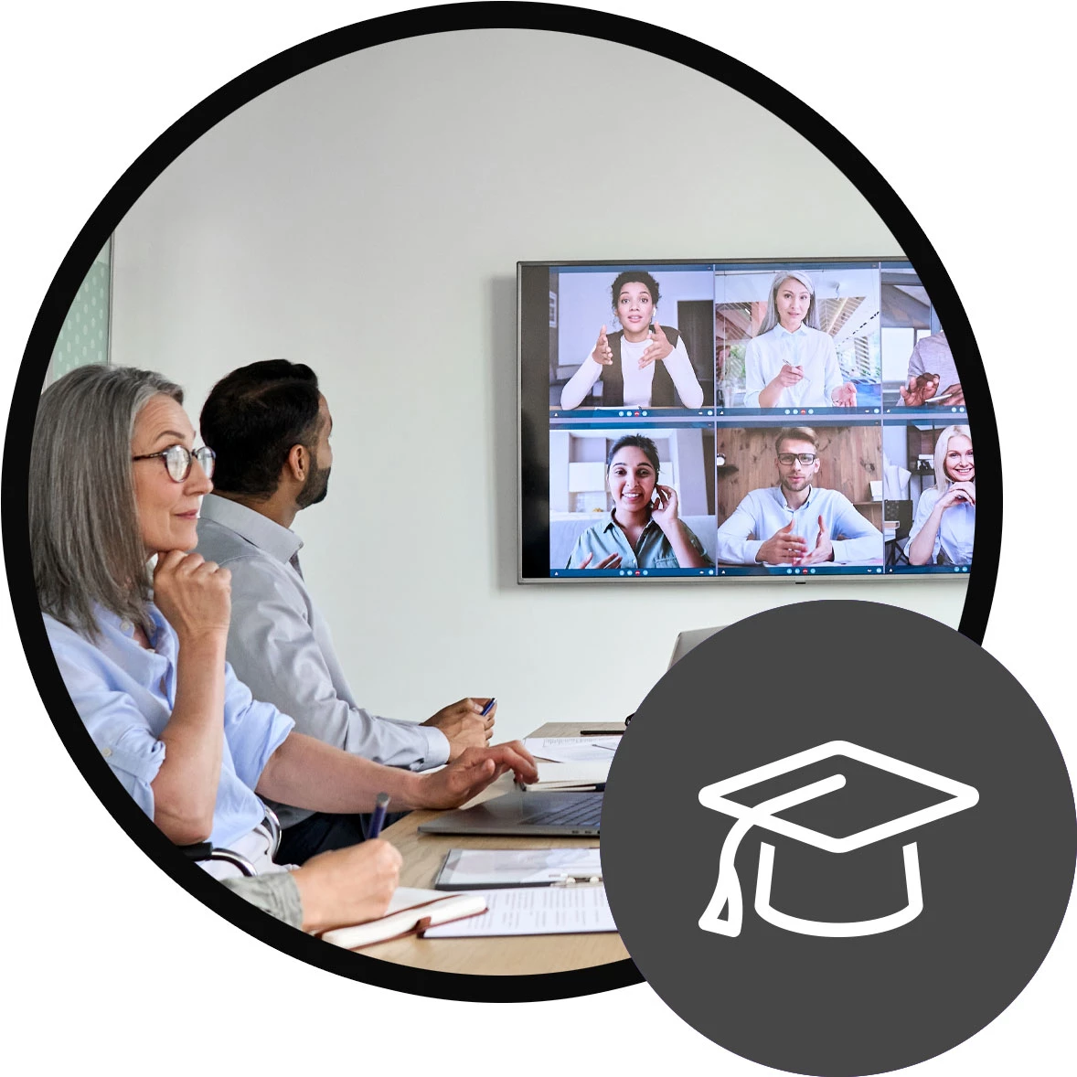 A photo collage showing people in a training session meeting in a conference room with virtual attendees beside a graduation cap icon.