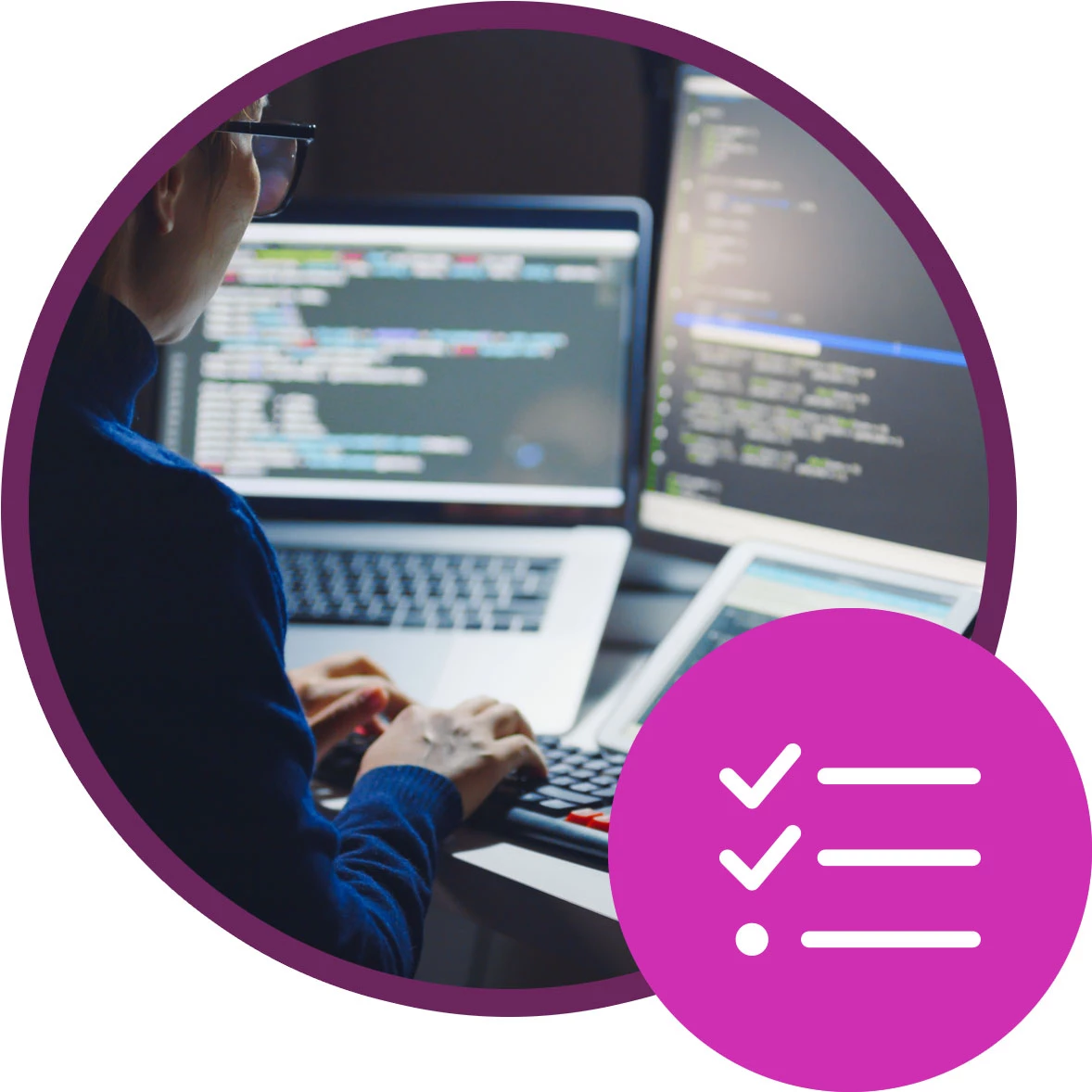 A photo collage showing a woman deploying code at a terminal beside a checklist icon.