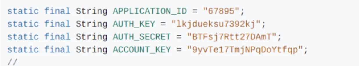 Sample of application credentials from QuickBlox