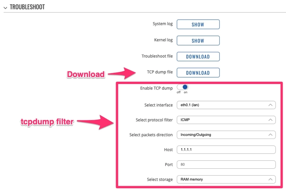 tcpdump functionality of RUT241 devices